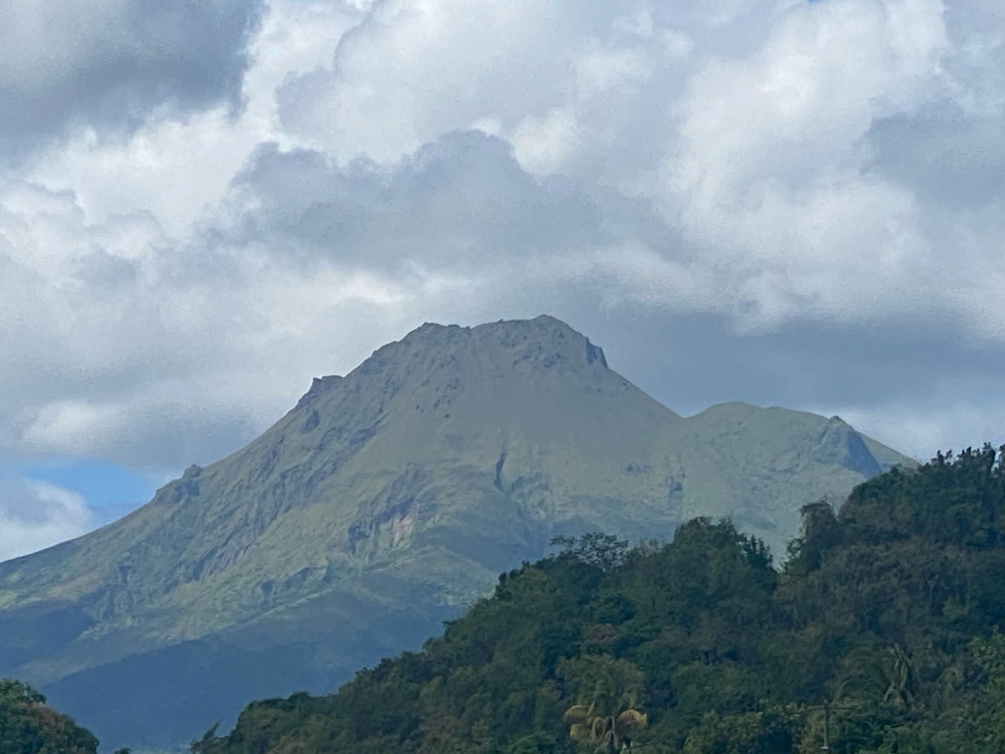 Montaña con un primer plano boscoso y un cielo nublado.