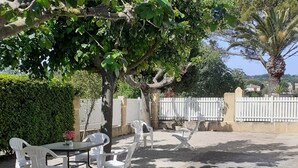 An outdoor seating area with white plastic chairs and a table, surrounded by trees and a white fence. - Gîte in an early 18th-century Provencal farmhouse (Roquemaure)