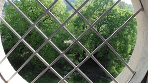 A view through a metal grid window, displaying a lush green landscape with trees and a river. - Large family house sleeps 16 in the heart of a beautiful medieval village (Génolhac)