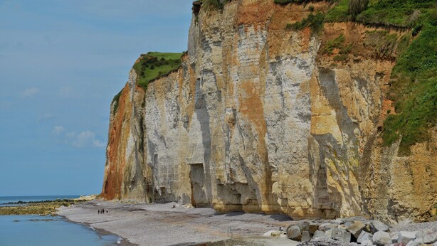 Une falaise côtière avec une plage rocheuse et quelques personnes qui se promènent.