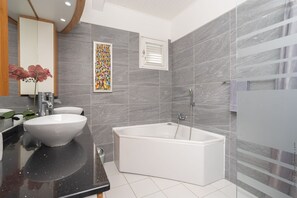 Shower, hair dryer, towels