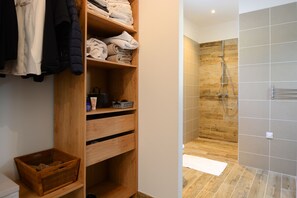 Shower, towels, toilet paper
