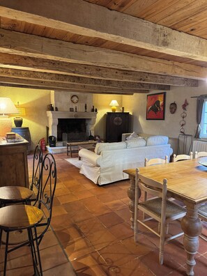 A rustic interior with a fireplace, a sofa, a dining table, and a chandelier.