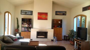 Télévision, cheminée, table de tennis de table, livres