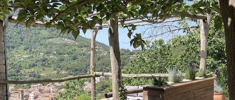 A wooden deck with a bench and a planter, overlooking a hillside with buildings.