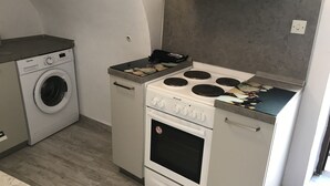 A compact kitchen with a built-in washer, a stove with four burners, and a small oven.