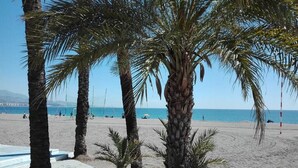 A beach with palm trees and a clear view of the sea. - Villa Poyatos, 15 people, Heated Pool, Wifi, BBQ, Petfriendly, sea view (Comares)