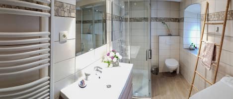 Shower, hair dryer, soap