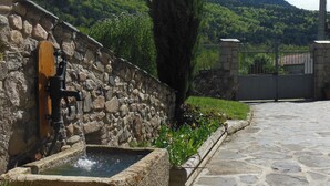 A stone fountain with water flowing, surrounded by a stone wall and potted plants.