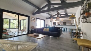 Cheminée, livres, chaîne hi-fi