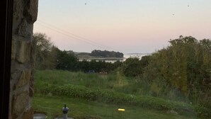 Vista dalla finestra su una zona erbosa con un corpo d'acqua e alberi all'orizzonte.