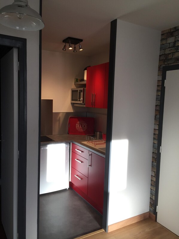 Kühlschrank, Mikrowelle, Herdplatte, Wasserkocher mit Kaffee-/Teezubehör