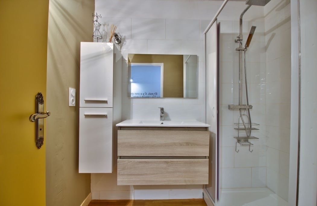 A bathroom with a white vanity, a mirror, and a shower.