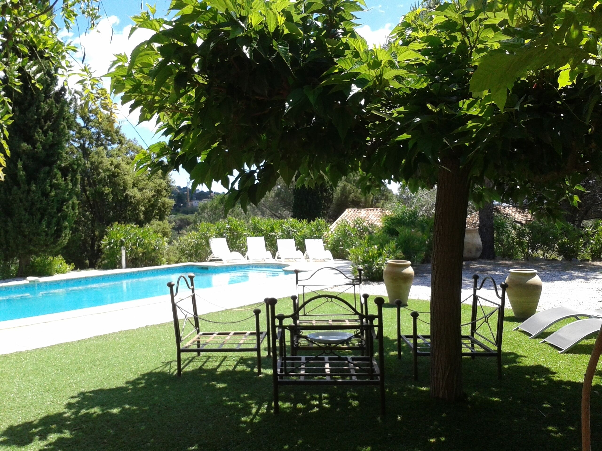 Area piscina con vasca azzurra e cristallina, circondata da erba sintetica e dotata di lettini e un tavolo in metallo all'ombra di un albero.