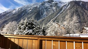 Paisaje montañoso con árboles nevados y una terraza de madera al frente.
