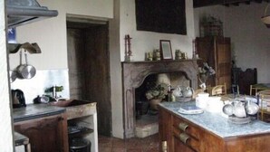 Une cuisine rustique avec un comptoir en bois, une cheminée et divers ustensiles de cuisine.
