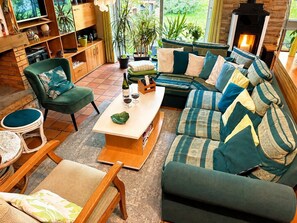 Una televisión, una chimenea, un reproductor de DVD, libros