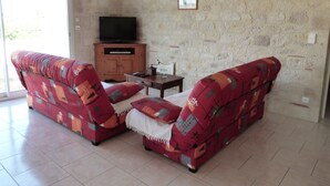 Ein Wohnzimmer mit zwei gemusterten Sofas, einem Holzschrank, einem Fernseher und einem kleinen Tisch.