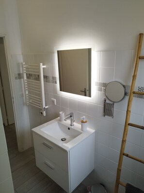 Douche, séchoir à cheveux, serviettes fournies, savon