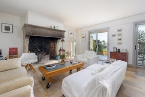 Fireplace, books, music library, stereo