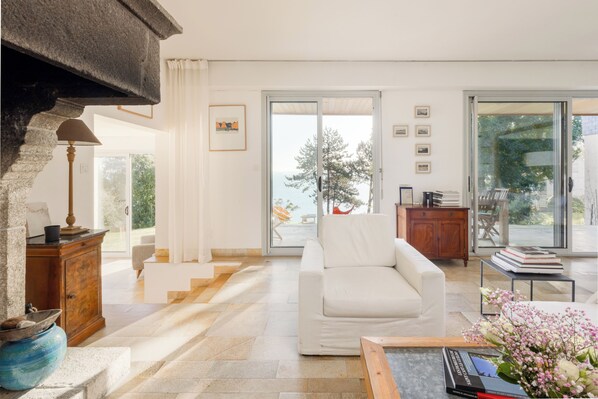 Fireplace, books, music library, stereo