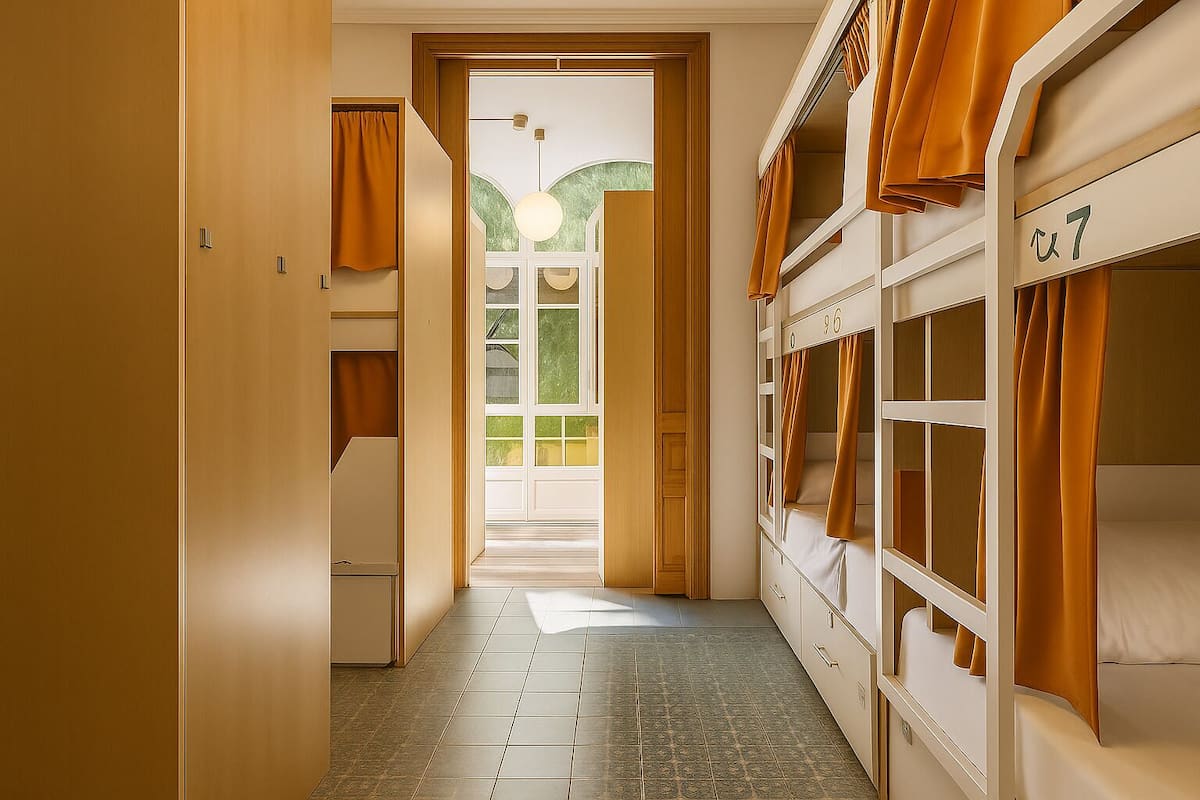 A corridor with bunk beds, a door leading to a room, and a window with a view.
