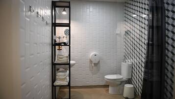 Vierpersoonskamer, privébadkamer | Badkamer | Een douche, een haardroger, handdoeken