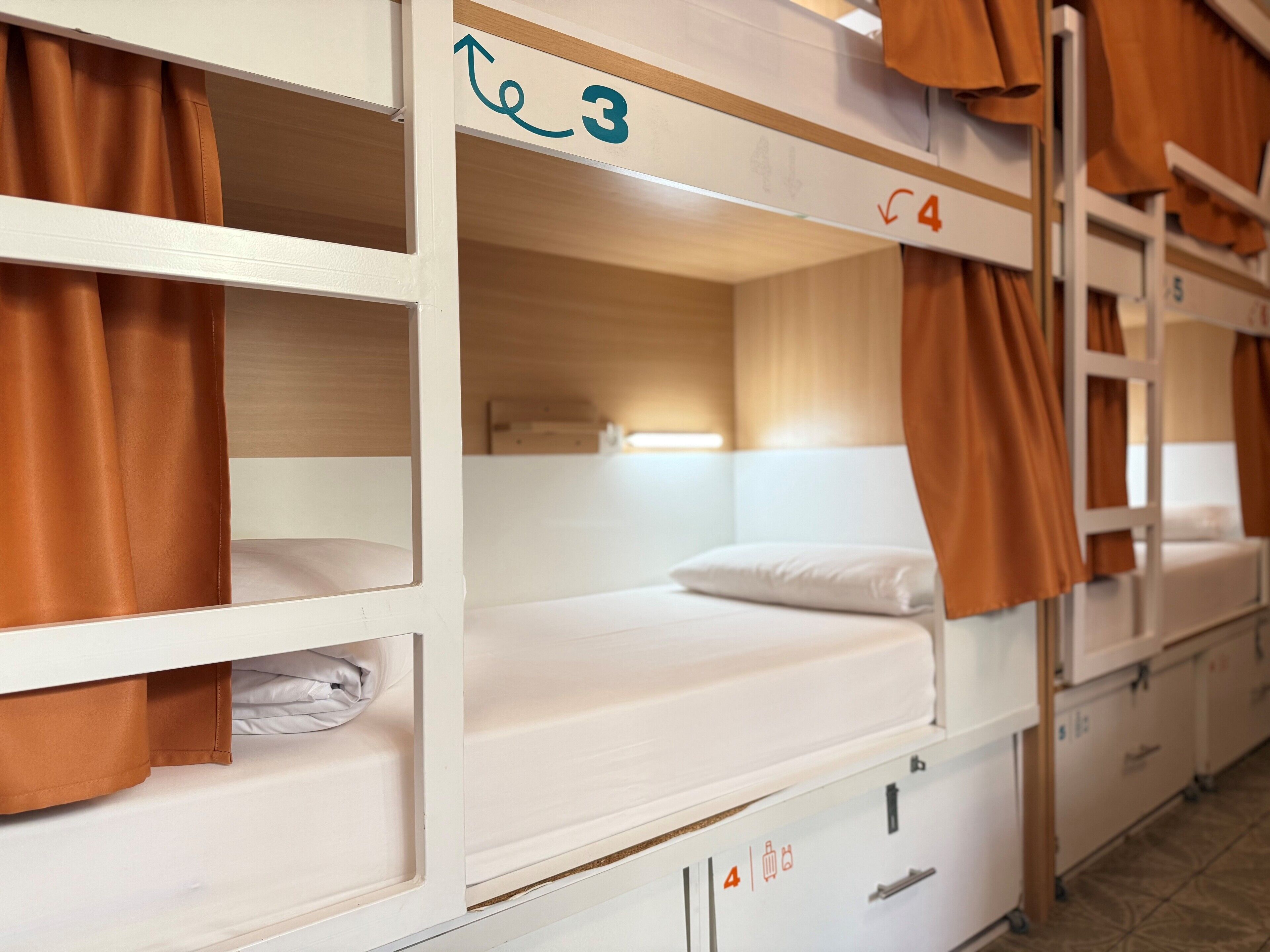 A bunk bed room with numbered beds and a ladder.