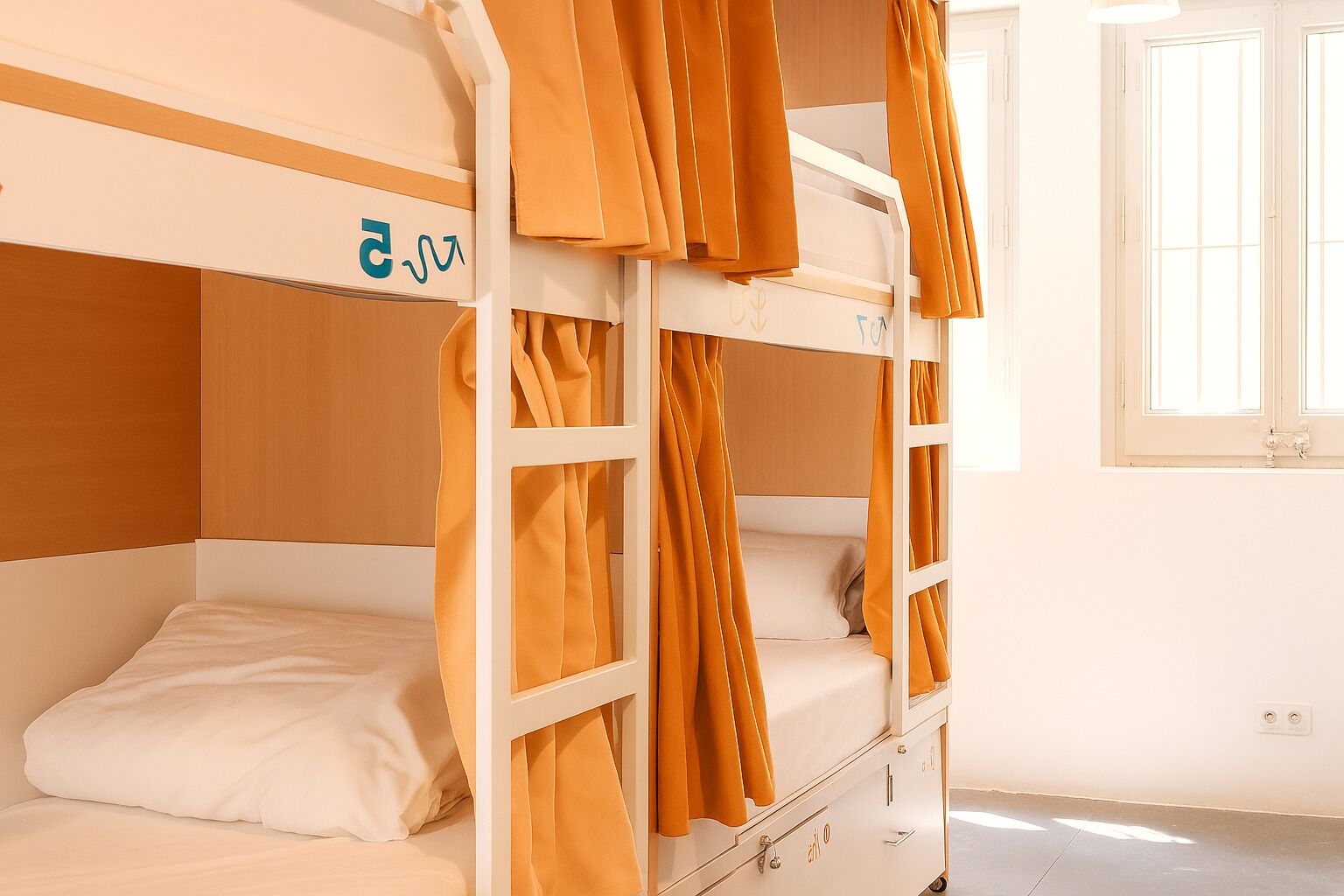 Un lit superposé avec des rideaux orange, une tête de lit blanche et une fenêtre avec des stores.