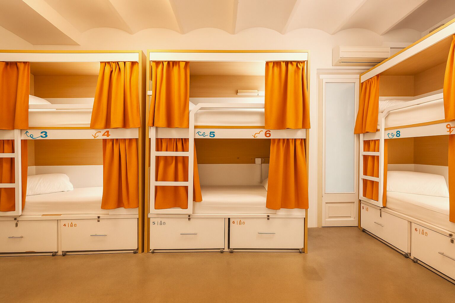 Een slaapzaal met genummerde bedden, opbergladen en oranje gordijnen.