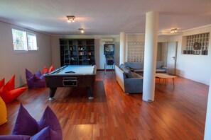 TV, DVD player, foosball, table tennis