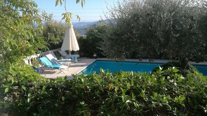 Un espace piscine doté de chaises longues et d’un auvent, entouré d’une végétation luxuriante et offrant une vue sur des collines lointaines.