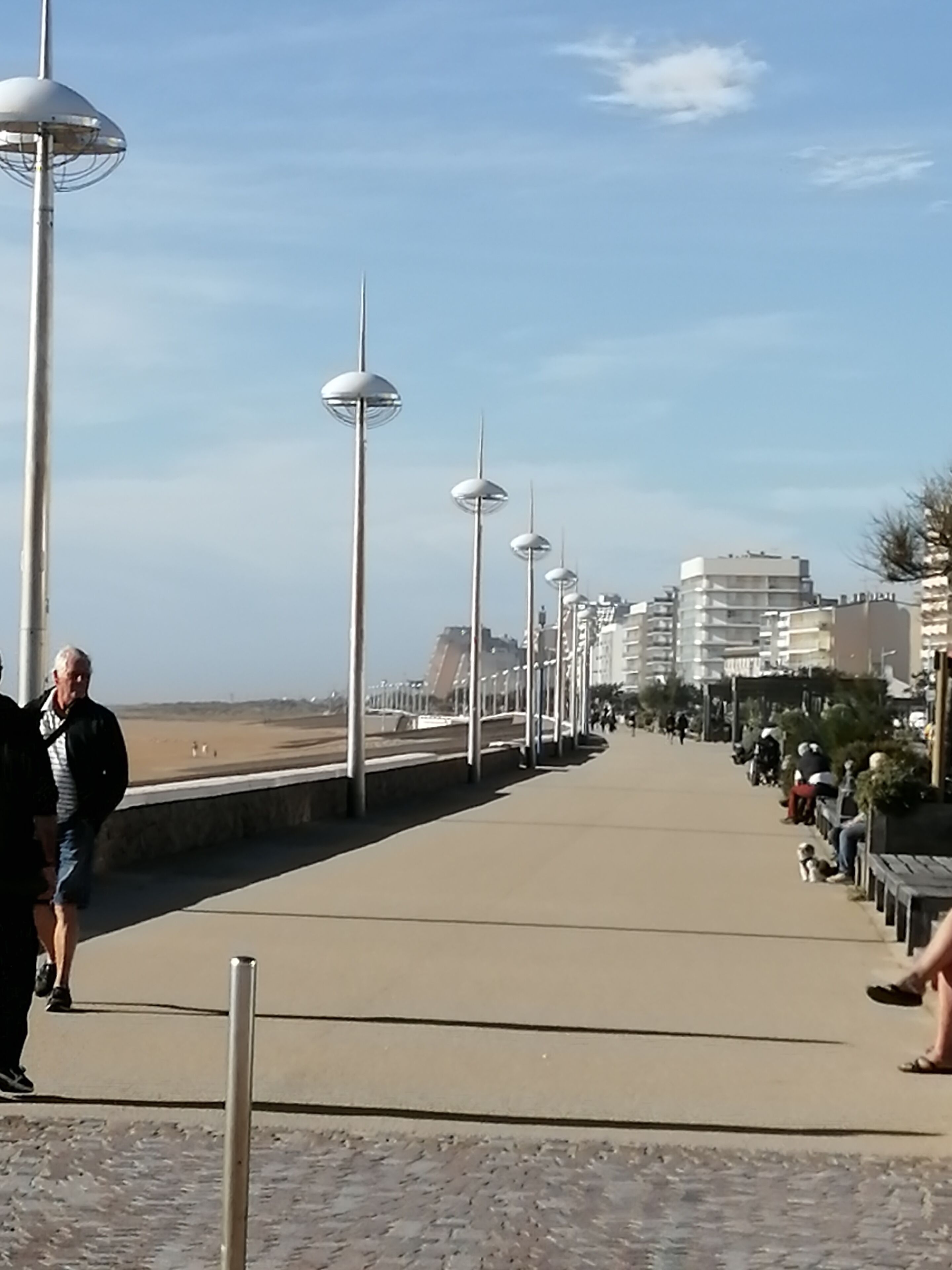 Um calçadão costeiro com um passeio pavimentado, postes de luz e edifícios ao fundo.