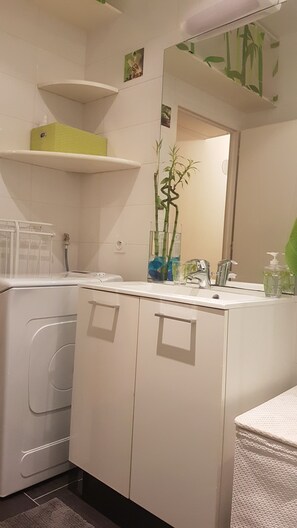 Shower, hair dryer, towels