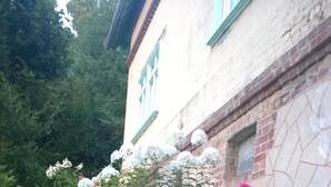 Una escalera conduce a un edificio de fachada de ladrillo y marcos de ventana verdes.