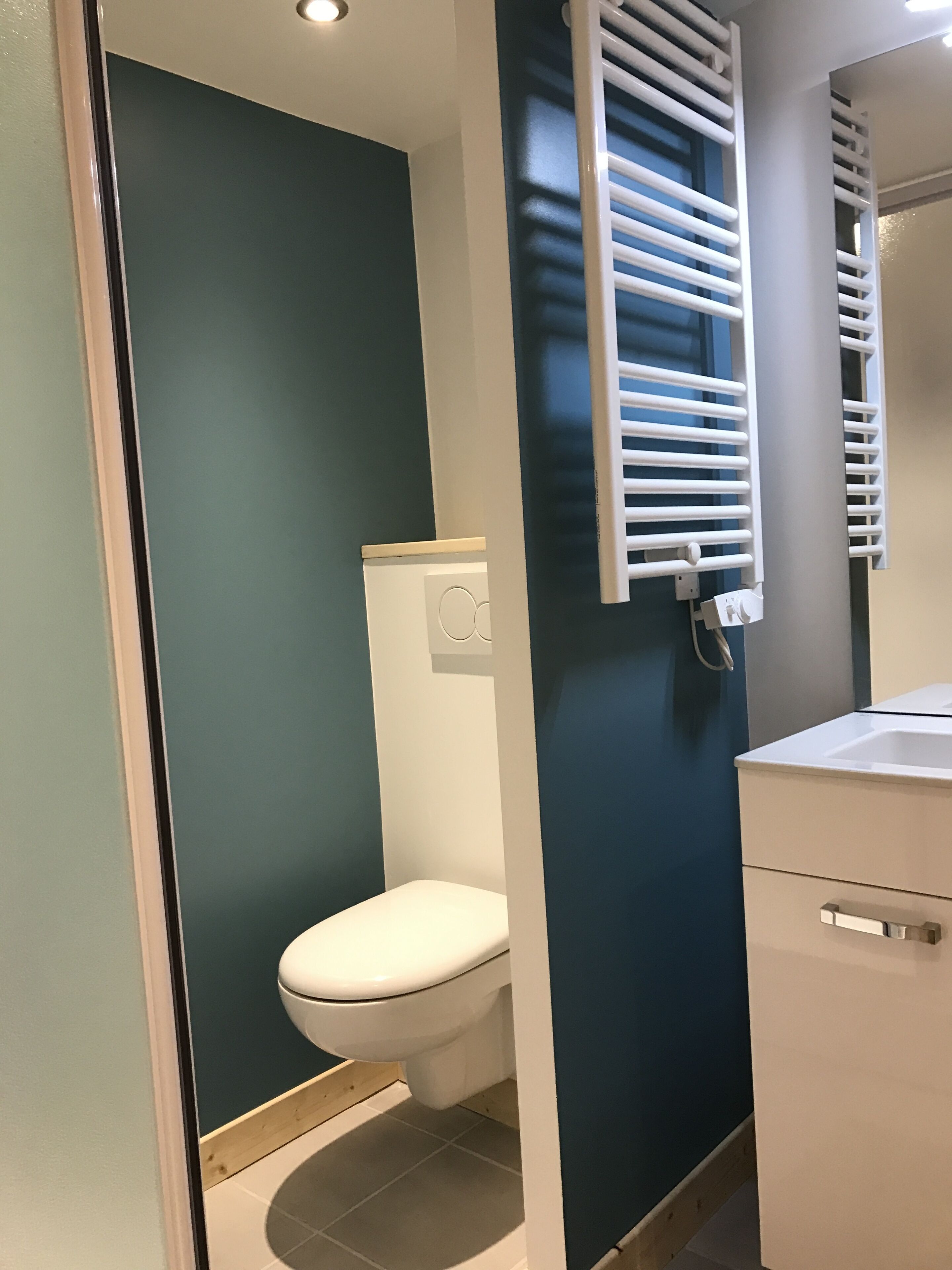 Un baño con inodoro blanco, lavamanos y espejo.