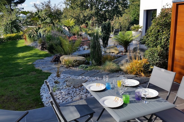 Terrasse avec table de jardin, barbecue et transats