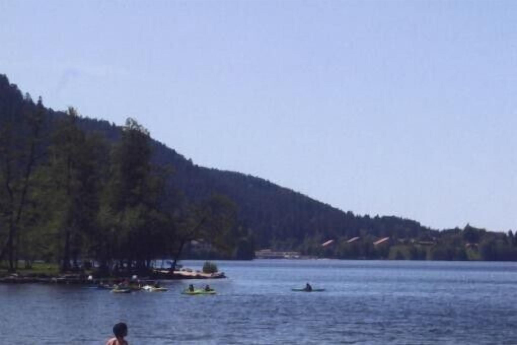 A lake with boats, a forested hillside, and houses in the background.