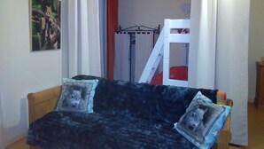 Une pièce avec un canapé de couleur sombre, une échelle et un lit superposé.