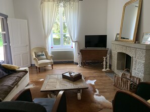 Télévision, cheminée, lecteur de DVD, livres