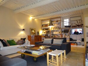 Televisión, chimenea, mesa de ping pong, libros