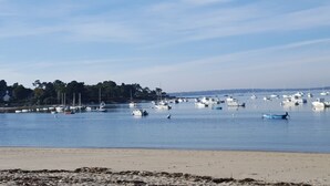 Ein Yachthafen mit verschiedenen Schiffen, ein Sandstrand im Vordergrund und eine Baumreihe im Hintergrund.