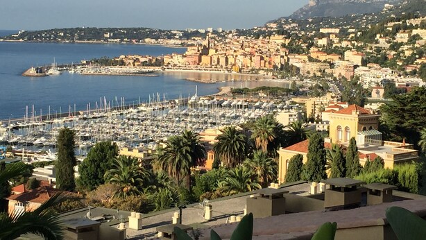 A coastal town with a marina filled with boats, surrounded by residential buildings and palm trees.
