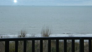 Une vue sur la mer depuis un balcon doté d’une balustrade, avec de la végétation au premier plan et un ciel nuageux.