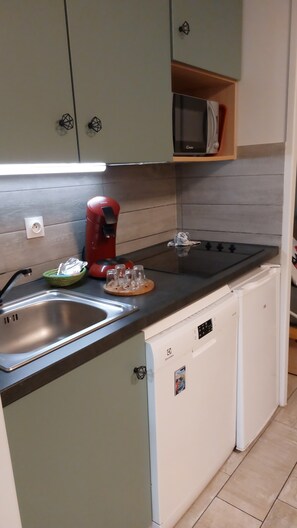 Réfrigérateur, micro-ondes, plaque de cuisson, lave-vaisselle