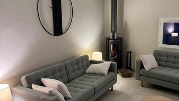 Télévision, cheminée, table de tennis de table