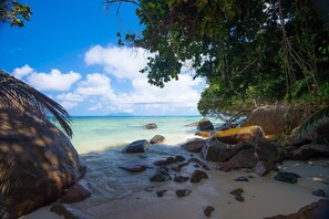 Ein tropischer Strand mit klarem türkisblauem Wasser, großen Felsen und üppiger Vegetation.