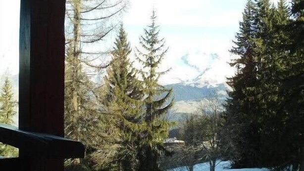 A view from a window overlooking a snowy landscape with tall evergreen trees and distant mountains. - Charming studio in Arcs 1800, at the foot of the slopes, in the heart of the village (Bourg-Saint-Maurice)