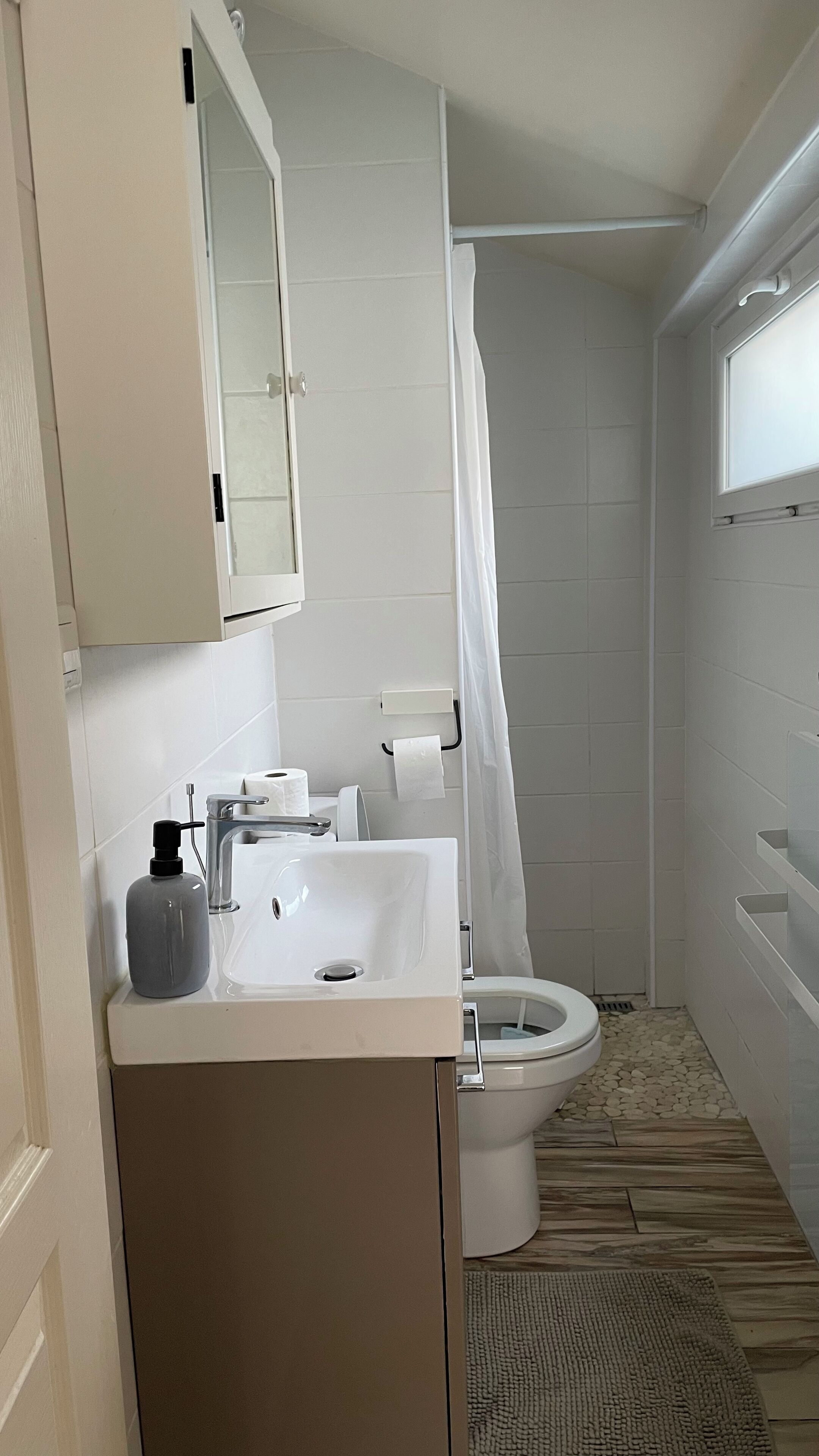 Shower, hair dryer, soap, toilet paper