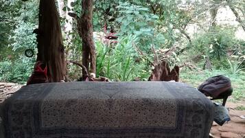 Relax in a serene garden setting surrounded by lush greenery and natural beauty.